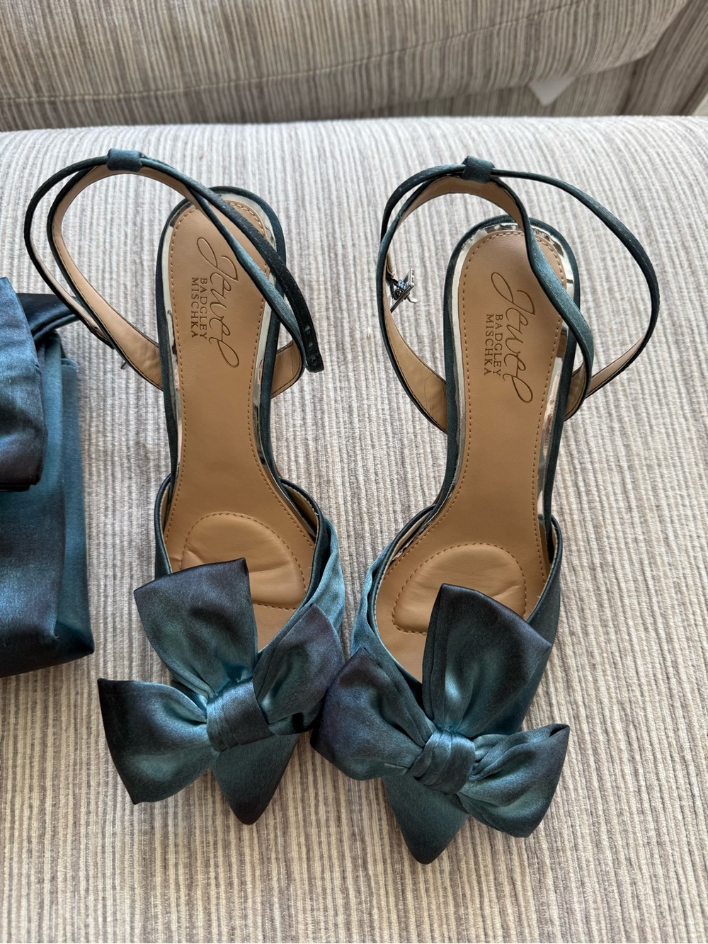 Mishka Teal Satin Bow Slingback Heels